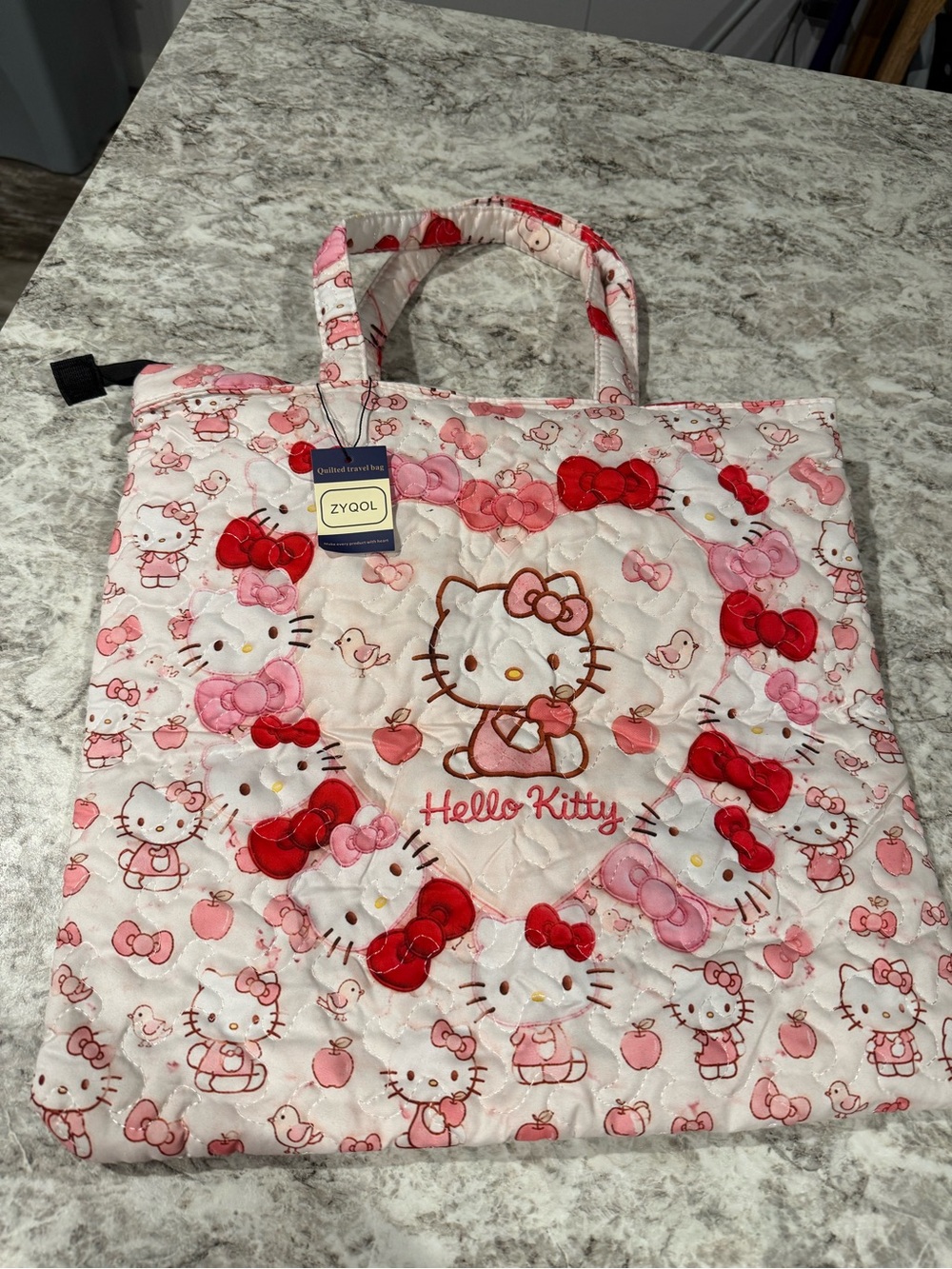 NWT ZYQOL Hello Kitty Quilted Travel Tote Bag Pink Red Bow Kawaii 16"